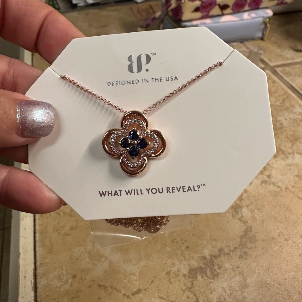 Bomb Party Sapphire on Rose Gold Clover Necklace